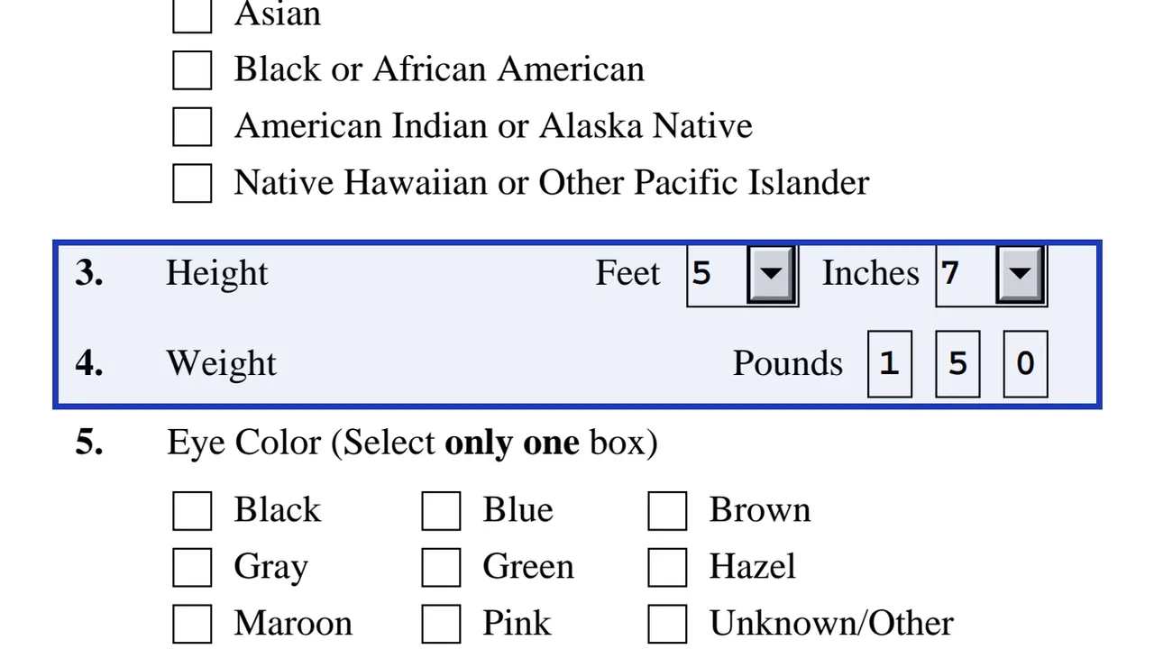 Form I-751 Part 2 height drop-downs set in feet and inches and weight entered in pounds, sample values