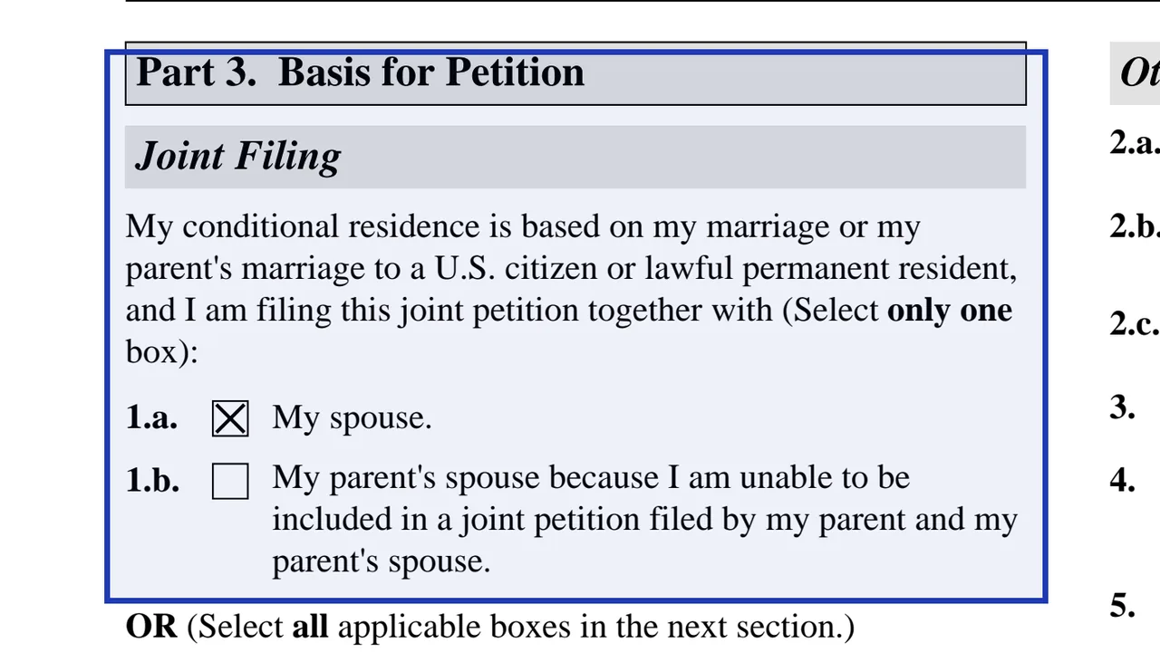 Form I-751 Part 3 with the joint filing box 1.a checked for a spouse