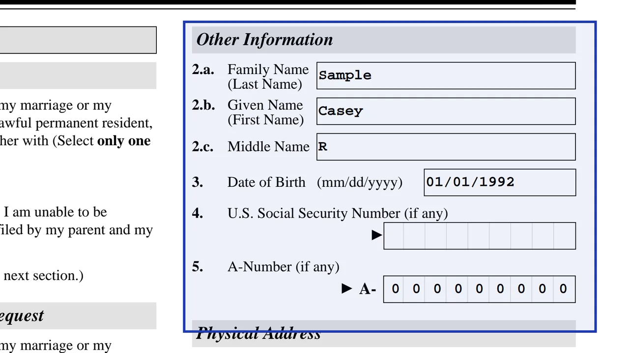 Form I-751 Part 4 with the spouse's legal name and date of birth, sample values