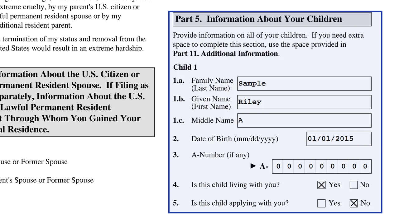 Form I-751 Part 5 with a child's name and A-Number entered, sample values