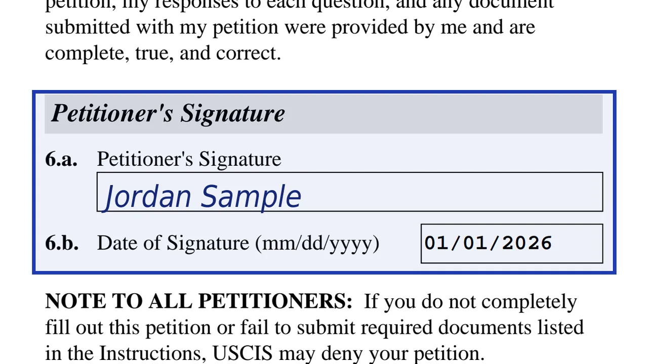 The petitioner's ink signature and date on the Part 7 signature line of Form I-751, using sample values