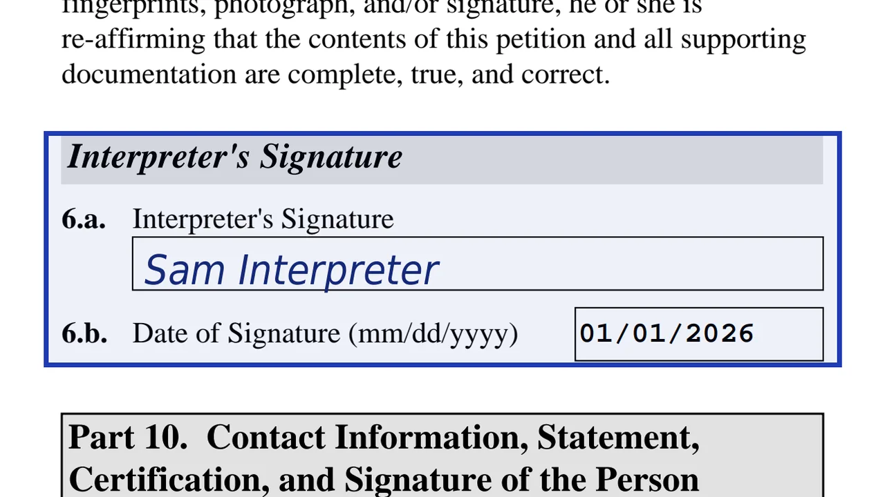 The interpreter's signature and date lines in Part 9 of Form I-751, using sample values