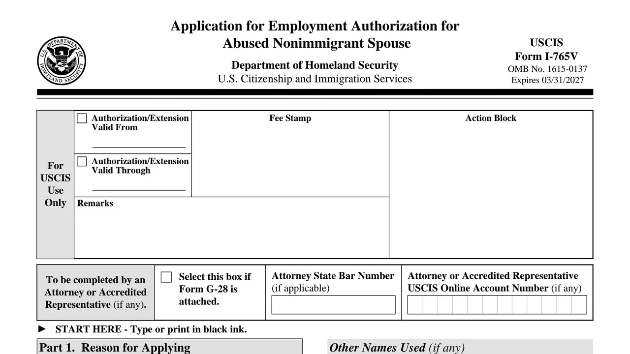 Top of page 1 of Form I-765V: Application for Employment Authorization for Abused Nonimmigrant Spouse, as printed by USCIS