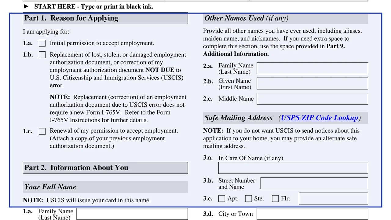 Part 1: Reason for applying on page 1 of Form I-765V: Application for Employment Authorization for Abused Nonimmigrant Spouse, as printed by USCIS