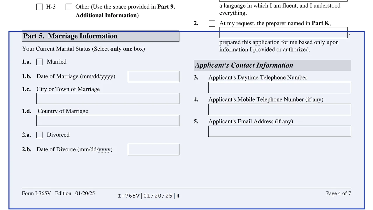 Part 5: Marriage information on page 4 of Form I-765V: Application for Employment Authorization for Abused Nonimmigrant Spouse, as printed by USCIS