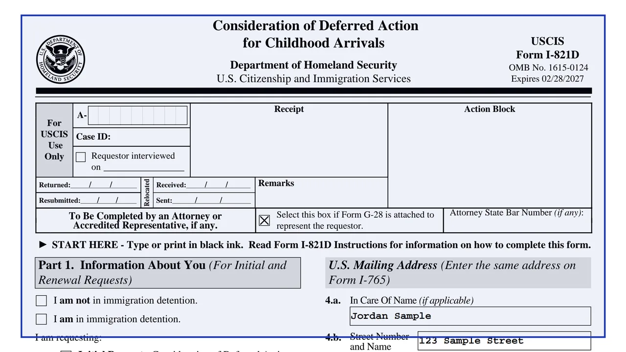Page 1 of Form I-821D, Consideration of Deferred Action for Childhood Arrivals, with Part 1 request type boxes
