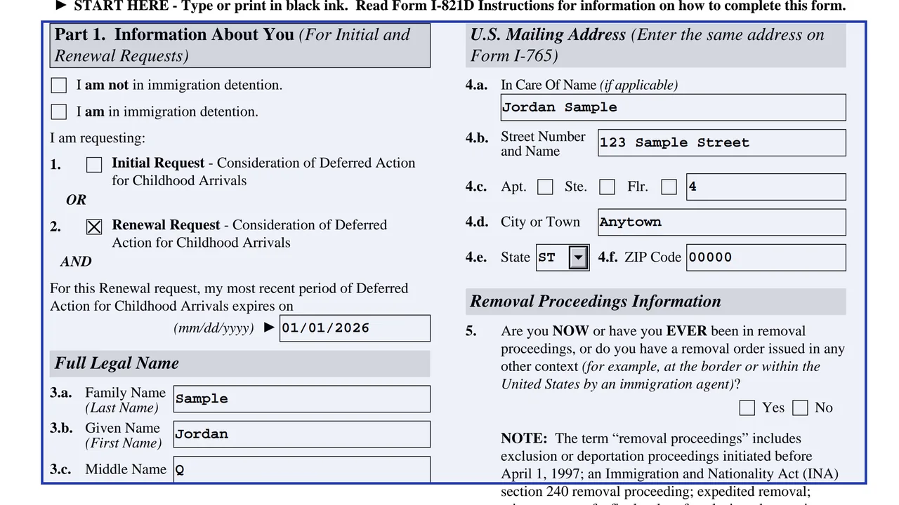 Part 1 of Form I-821D with the initial or renewal choice, the full legal name and the U.S. mailing address, sample values