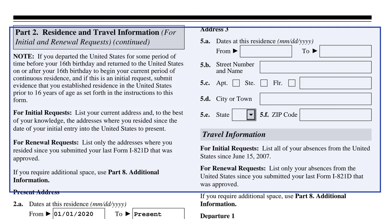 Part 2 of Form I-821D with the residence and travel history fields