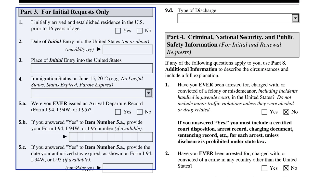 Part 3 of Form I-821D, the section for initial requests only, on education and military service