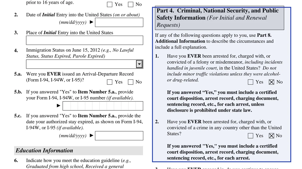 Part 4 of Form I-821D with Questions 1 to 7 on criminal, national security and public safety history