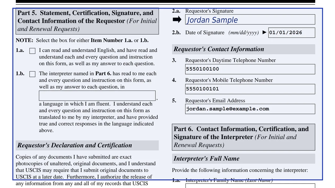 Part 5 of Form I-821D, the requestor's statement and signature block