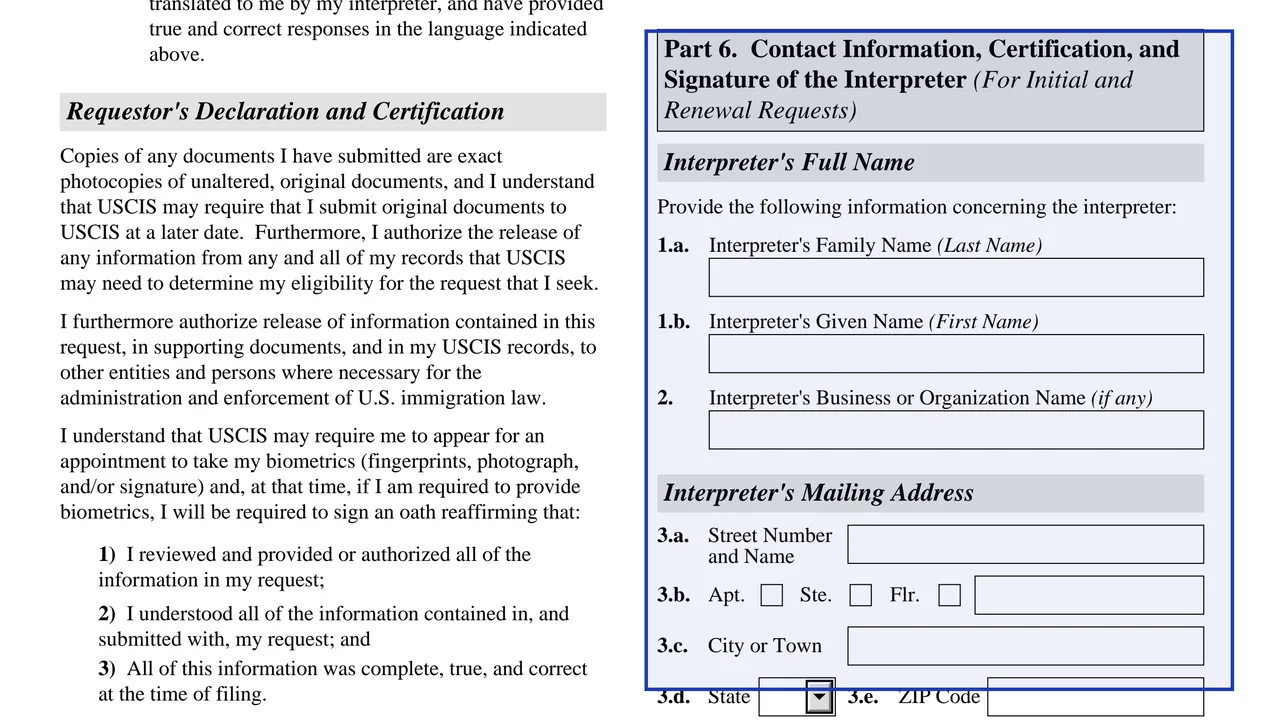 Part 6 of Form I-821D with the interpreter's name, mailing address and contact fields
