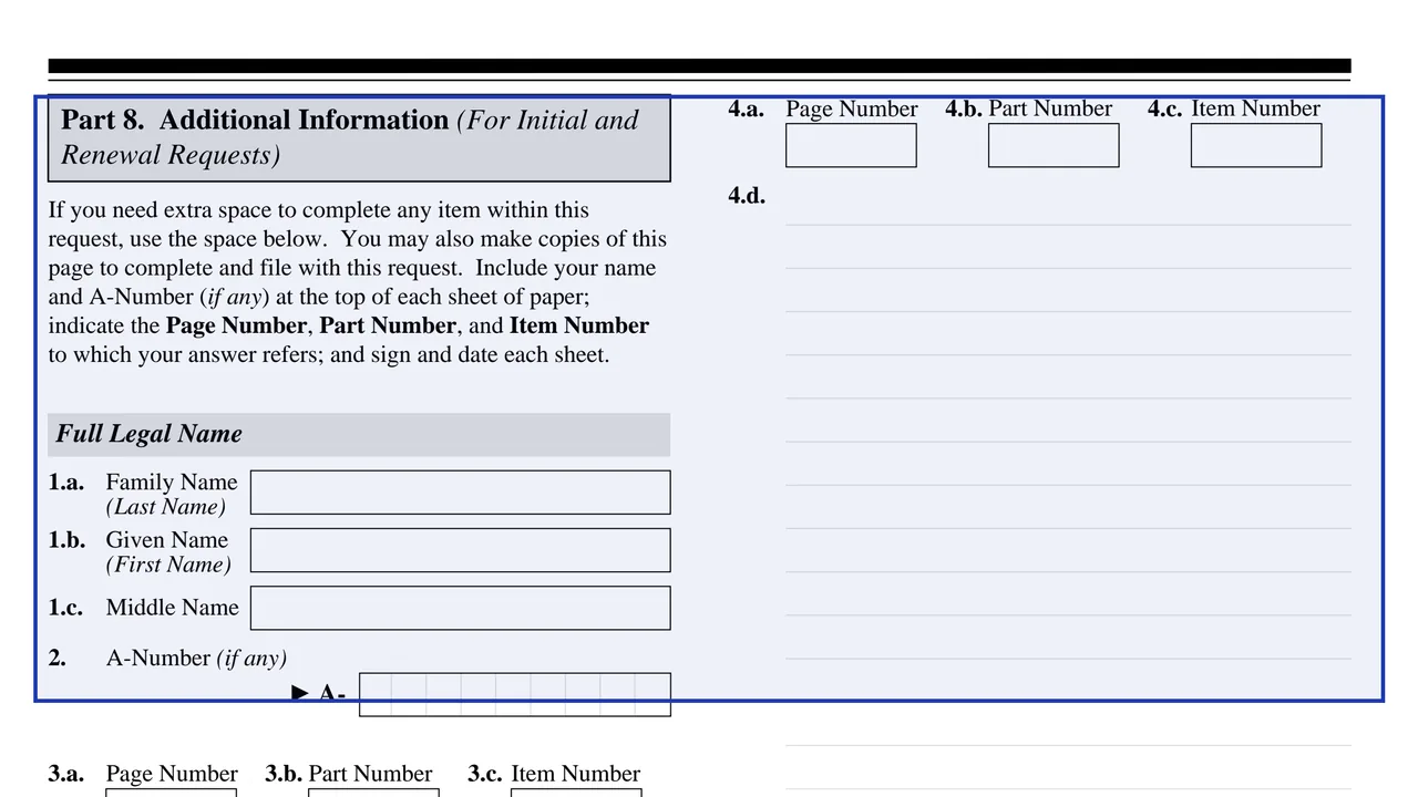 Part 8 of Form I-821D, additional information, with lines for page, part and item number