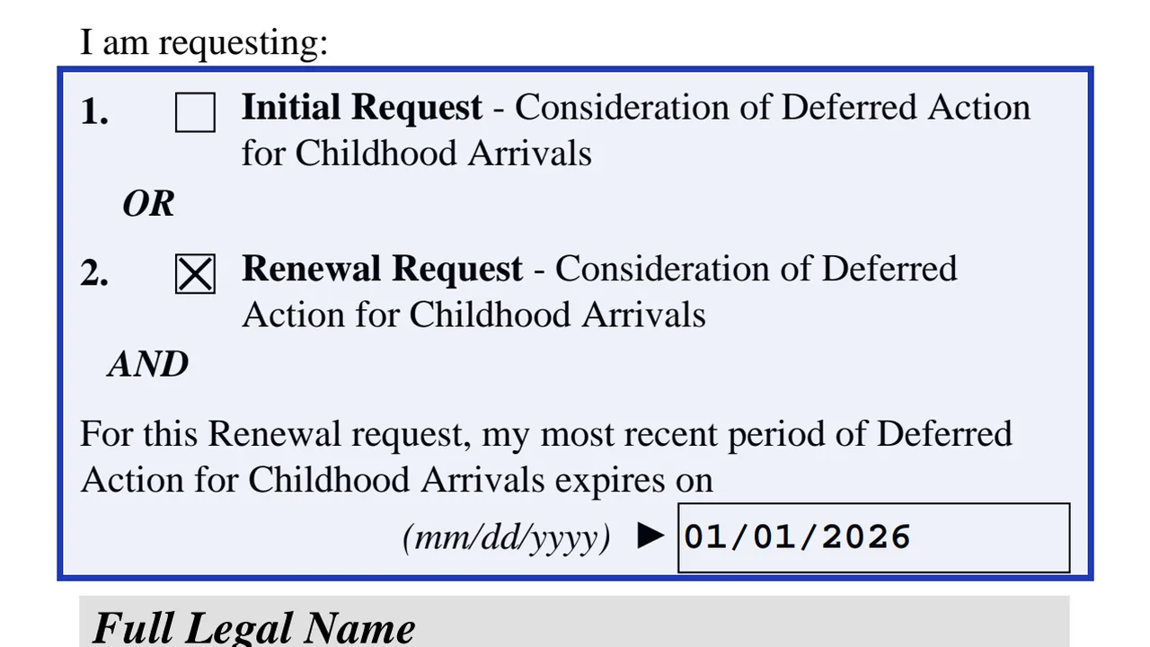 Form I-821D Part 1 with the Initial Request or Renewal Request box and the expiration date of the last DACA period
