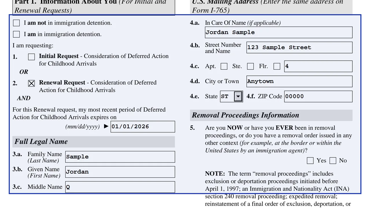 Form I-821D Part 1 with the full legal name and U.S. mailing address fields filled in, using sample values