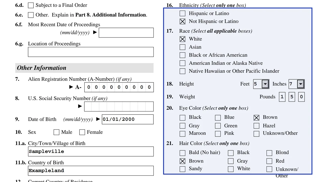 Form I-821D Part 1 Items 15 to 20 with ethnicity, race, height, weight, eye and hair color, sample values