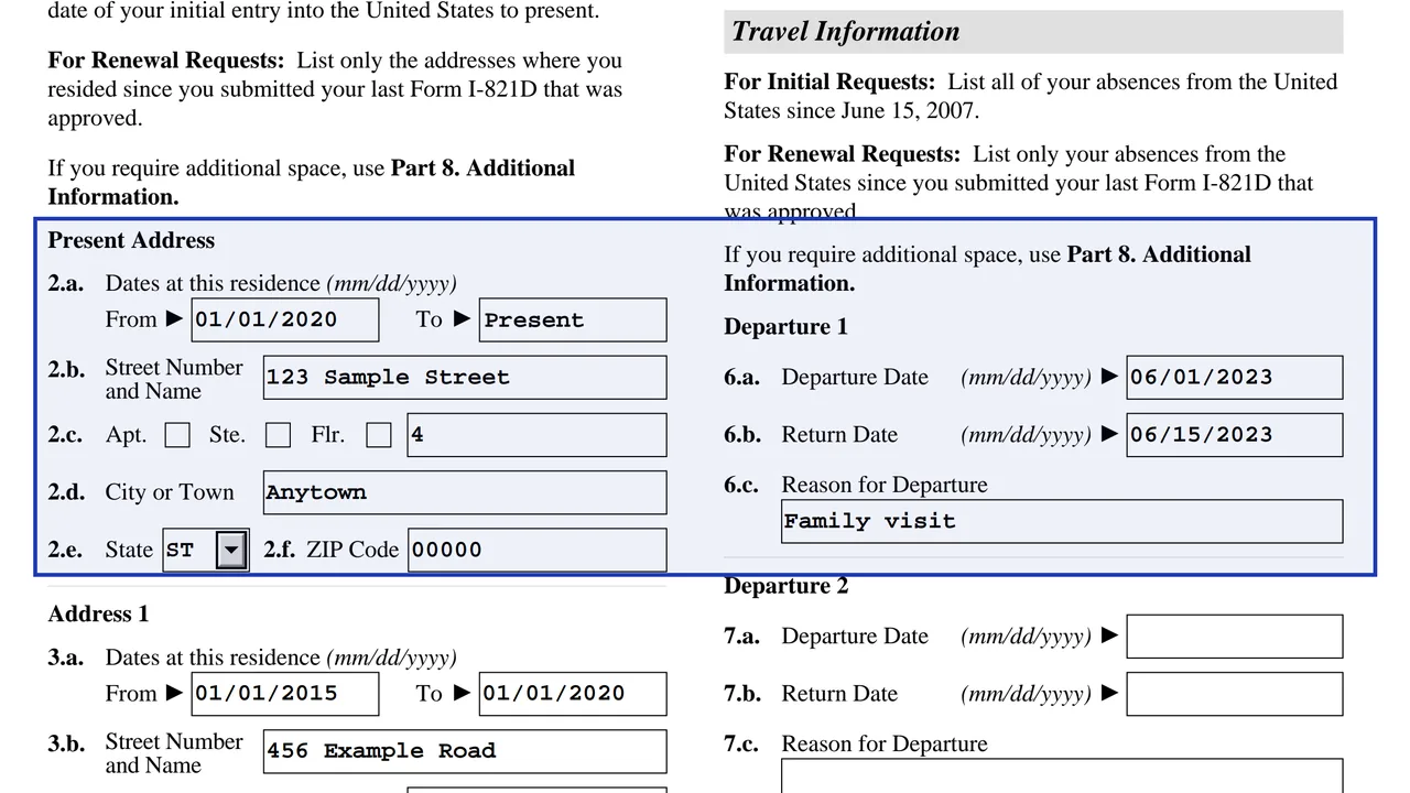 Form I-821D Part 2 with residence and travel entries, sample values