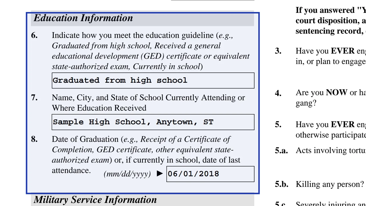 Form I-821D Part 3 education information with a school and graduation date for an initial request, sample values
