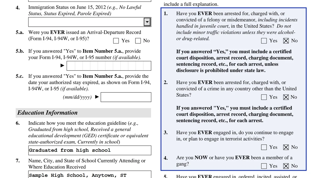 Form I-821D Part 4 Questions 1 to 4 with each Yes or No box marked