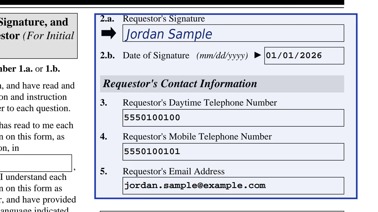 The requestor's ink signature on Form I-821D Part 5 with phone and email lines