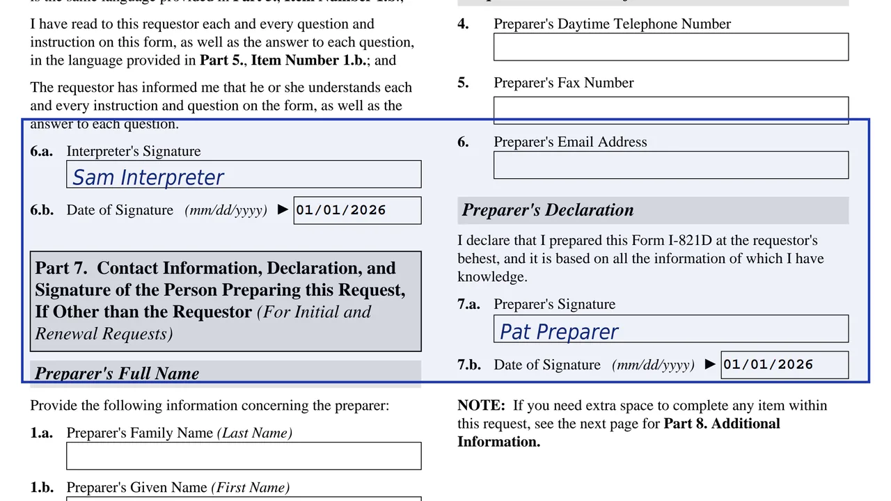 Form I-821D Part 6 and Part 7 with an interpreter's and a preparer's signature and date, using sample names