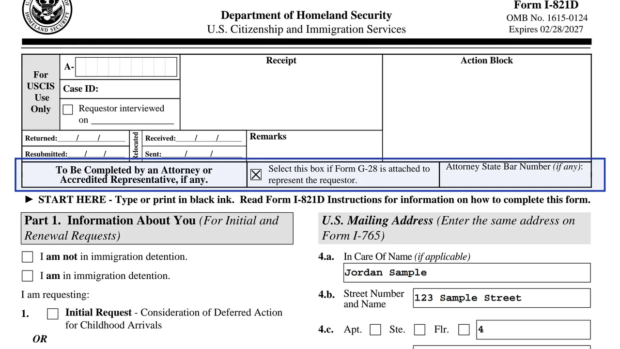 The box at the top of Form I-821D page 1 checked to show that Form G-28 is attached