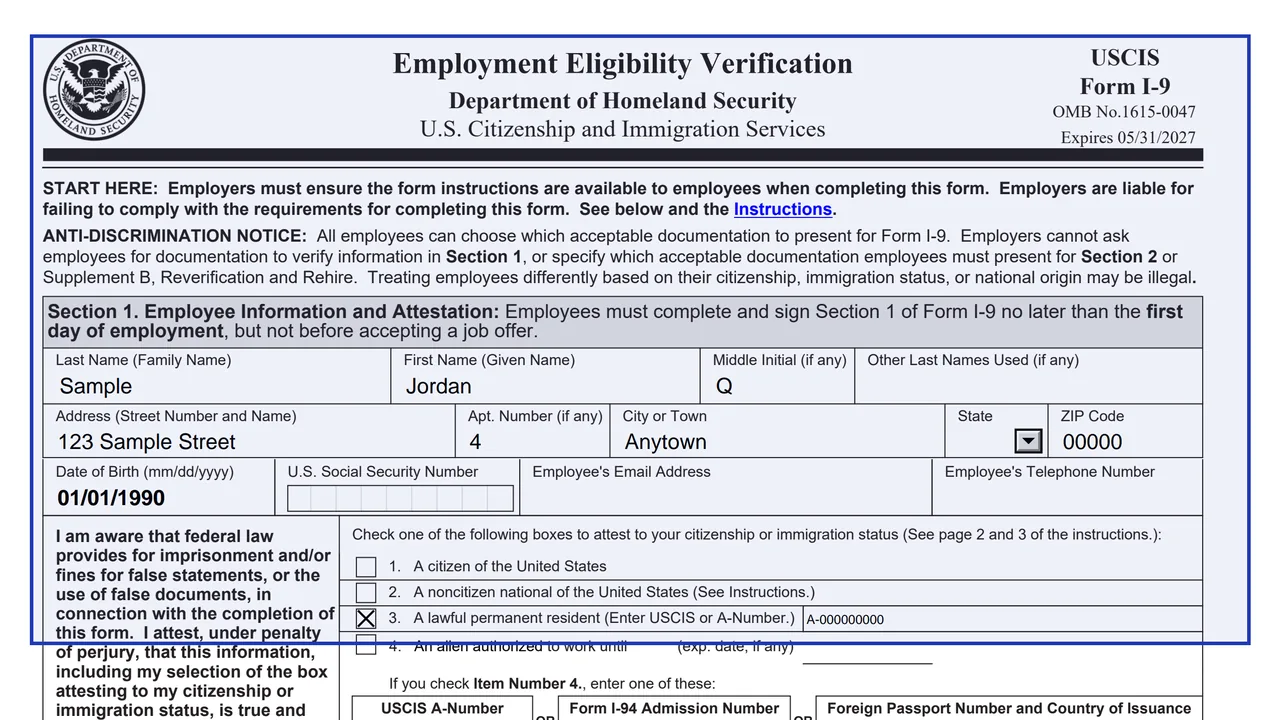 The title area and Section 1 of Form I-9 (edition 01/20/25) with sample employee details entered