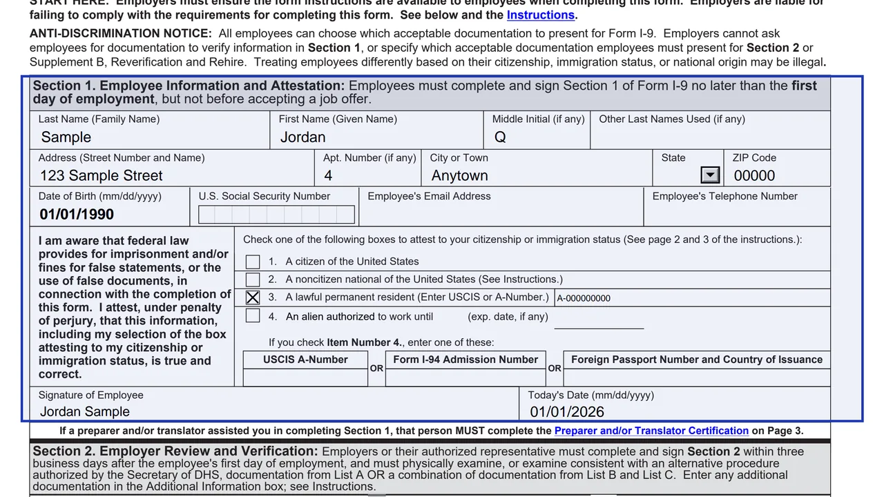 Section 1 of Form I-9 with name, address, date of birth and the four citizenship and status boxes