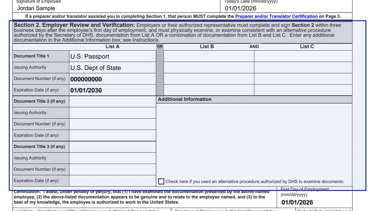 Section 2 of Form I-9 with document title, issuing authority, number and expiration date fields