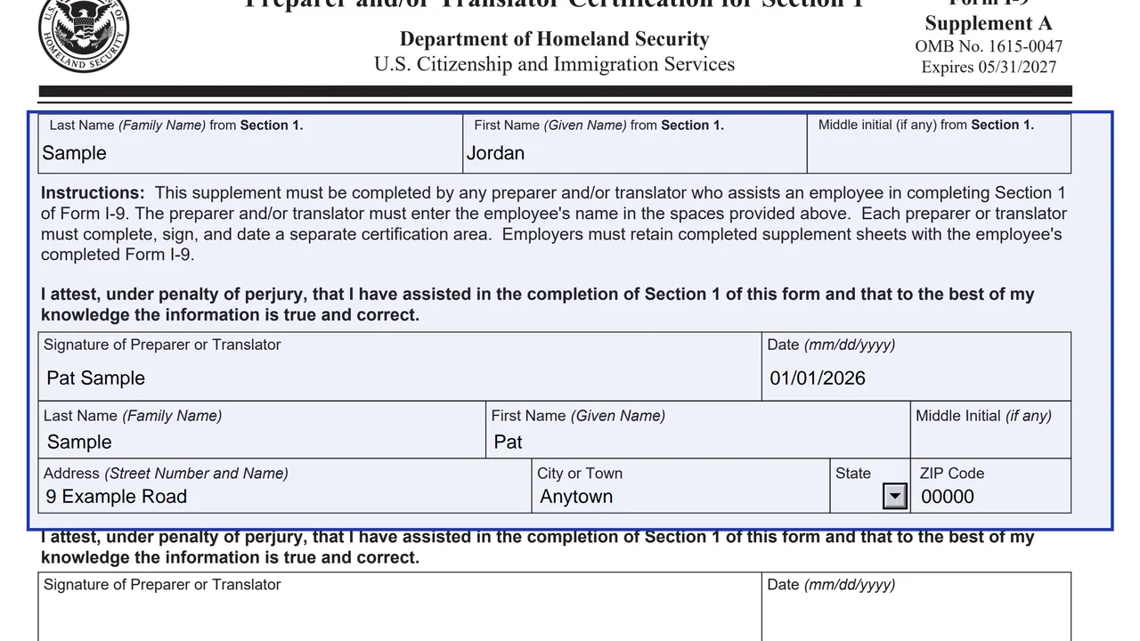 Supplement A of Form I-9 with the preparer and translator certification fields