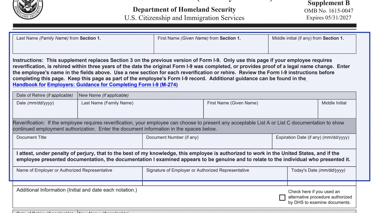 Supplement B of Form I-9 with the reverification and rehire fields