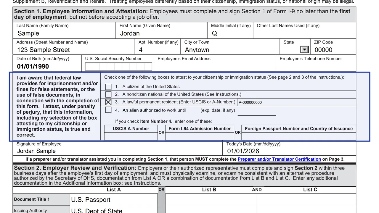 The four status boxes in Section 1 of Form I-9 with one box checked and an A-Number field