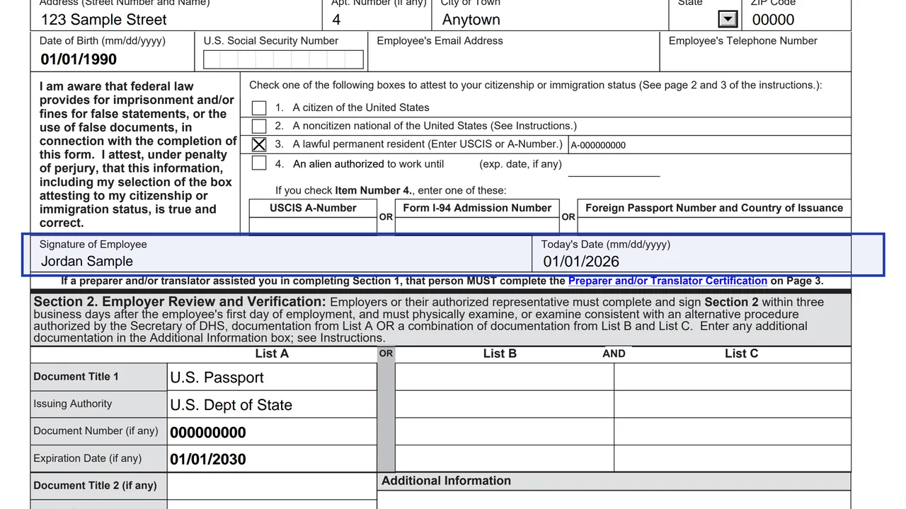 The signature and date line in Section 1 of Form I-9, signed with the current date