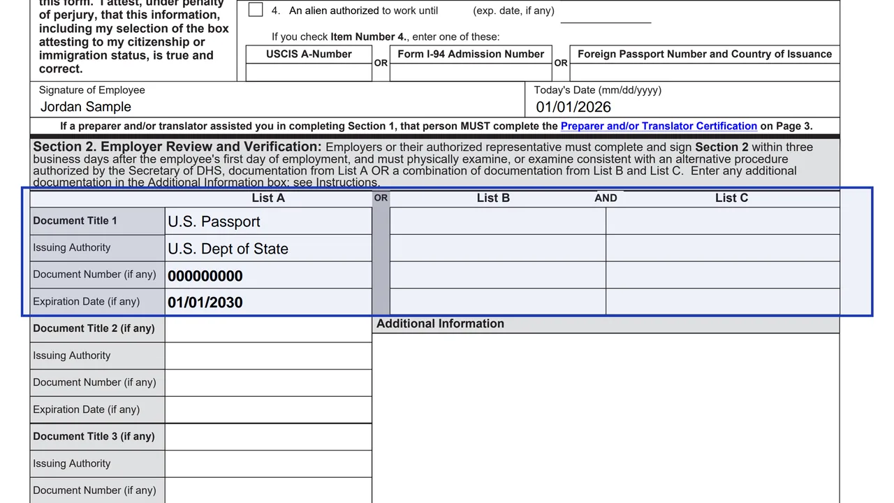The List A, List B and List C columns of Section 2 on Form I-9 with a sample passport entered under List A