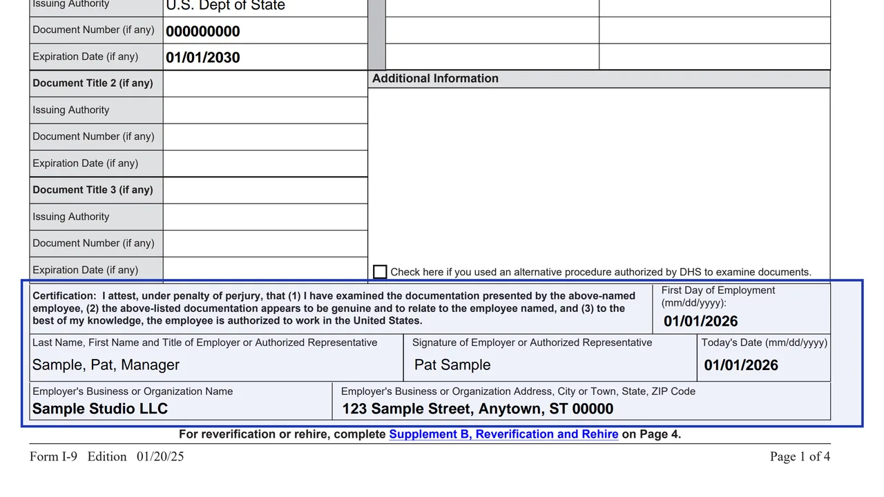 The employer certification and signature area of Section 2 of Form I-9 with the business name and date