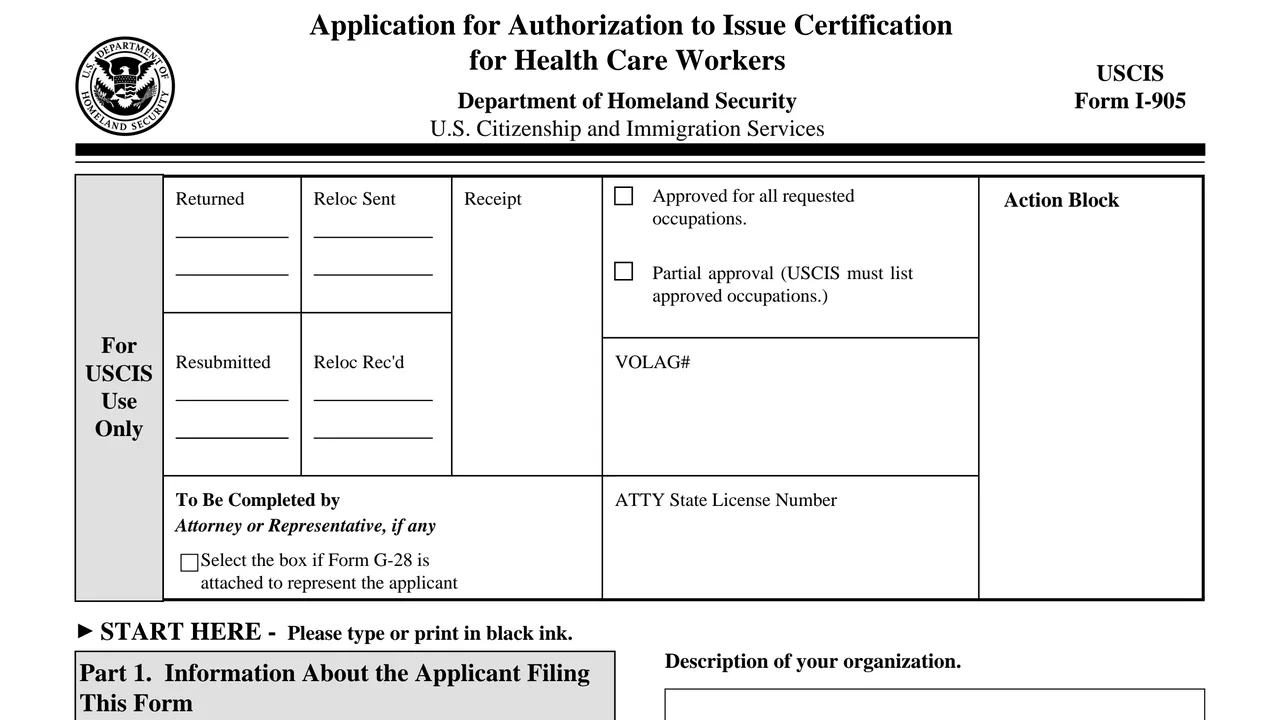 Top of page 1 of Form I-905: Application for Authorization to Issue Certification for Health Care Workers, as printed by USCIS