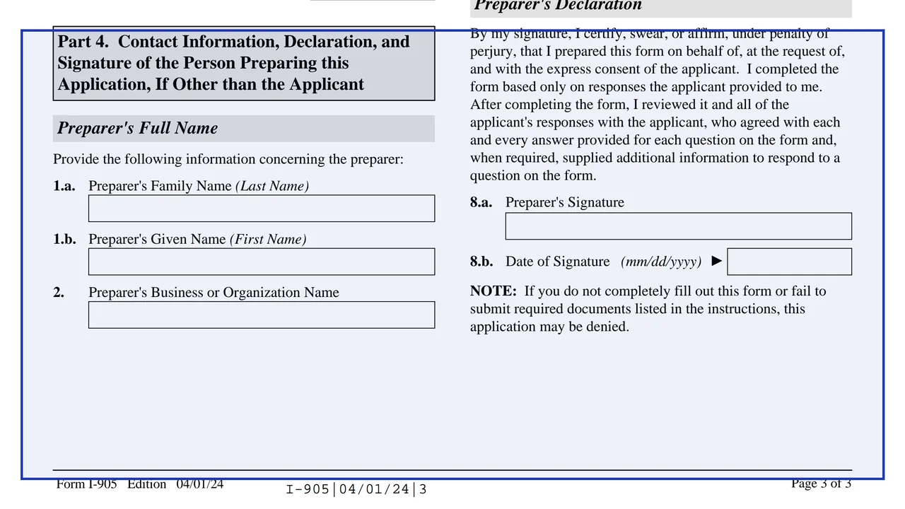 Part 4: Preparer on page 3 of Form I-905: Application for Authorization to Issue Certification for Health Care Workers, as printed by USCIS