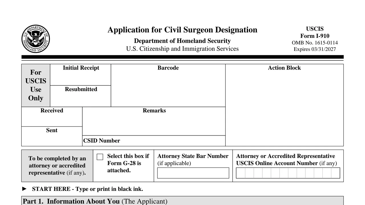Top of page 1 of Form I-910: Application for Civil Surgeon Designation, as printed by USCIS