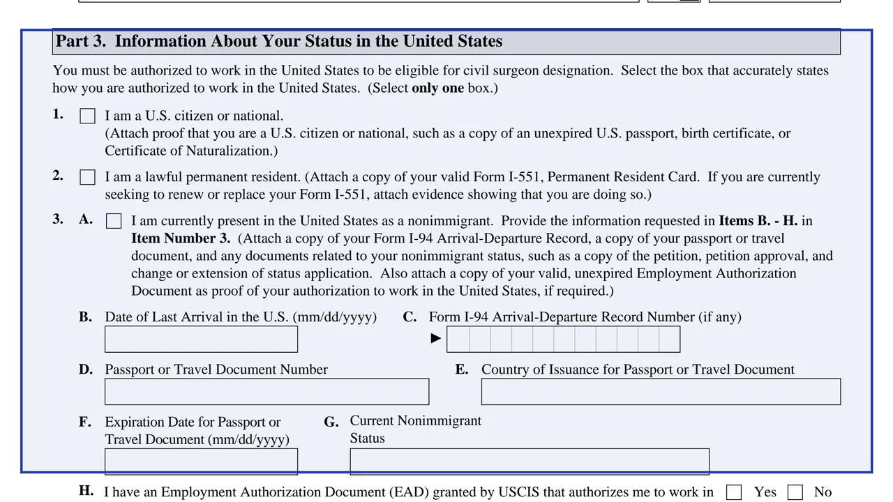 Part 3: Status in the United States on page 3 of Form I-910: Application for Civil Surgeon Designation, as printed by USCIS