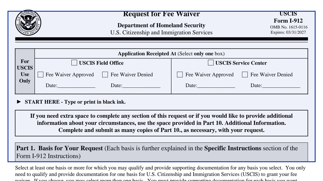 Page 1 of Form I-912, Request for Fee Waiver, with the title area and the Part 1 basis for your request