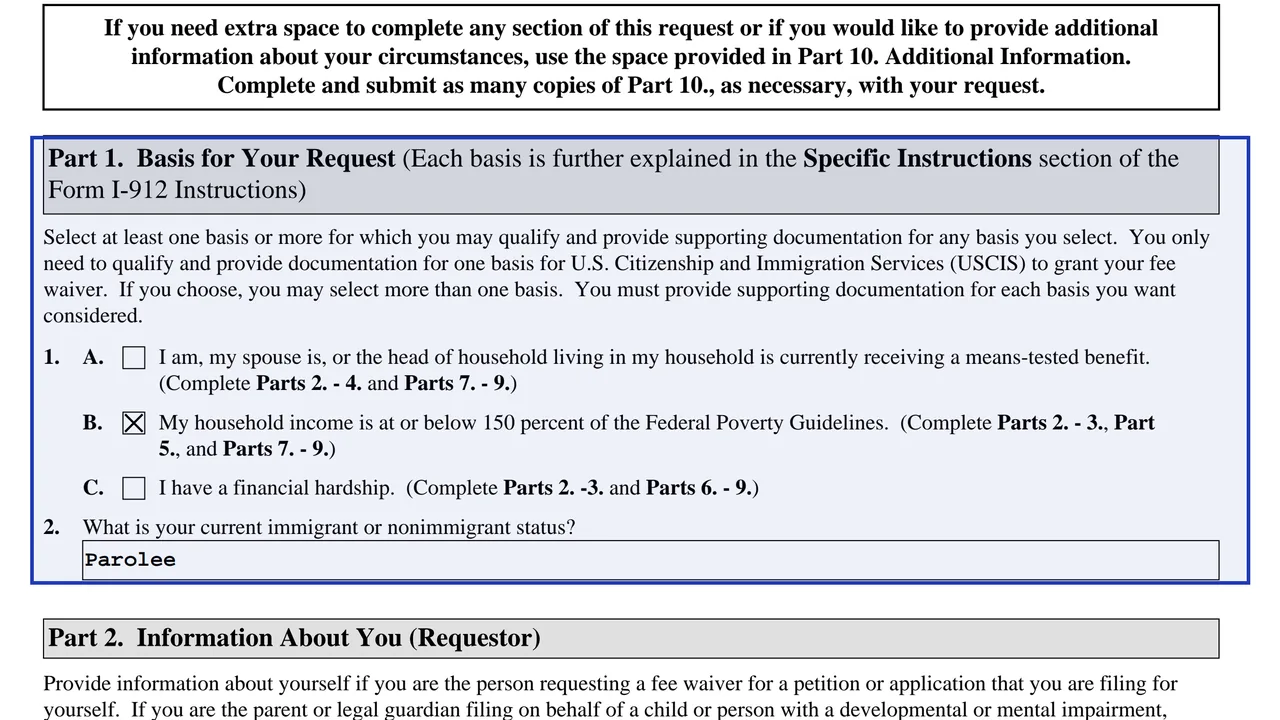 Part 1 of Form I-912 with the means-tested benefit, income and financial hardship bases and the current status