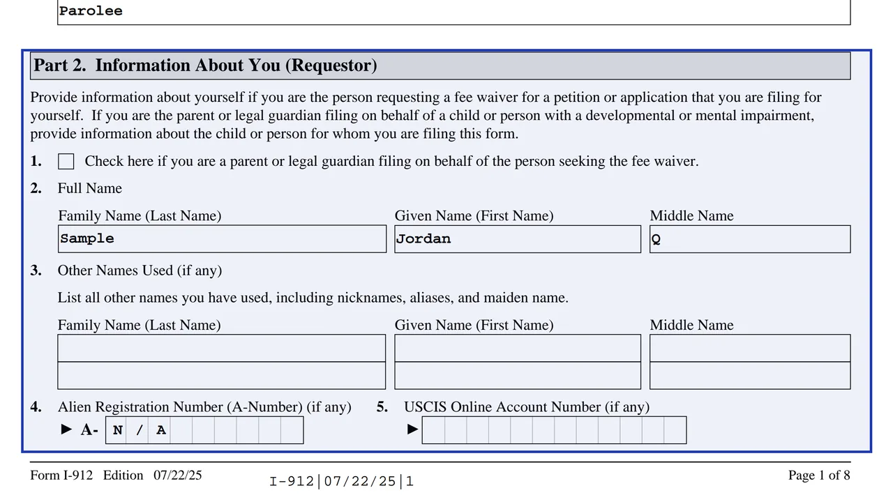 Part 2 of Form I-912 with the requestor's name, other names, A-Number and online account number, using sample values
