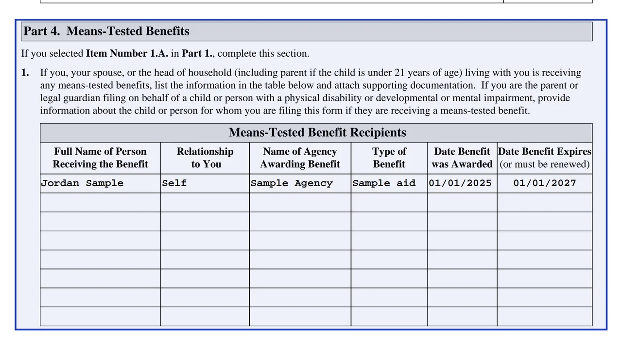Part 4 of Form I-912 with the means-tested benefit table