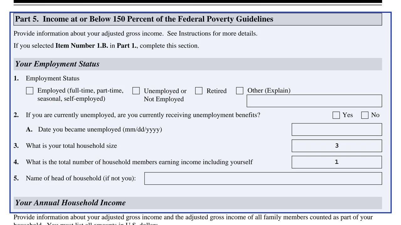 Part 5 of Form I-912 with employment status, household size and annual household income
