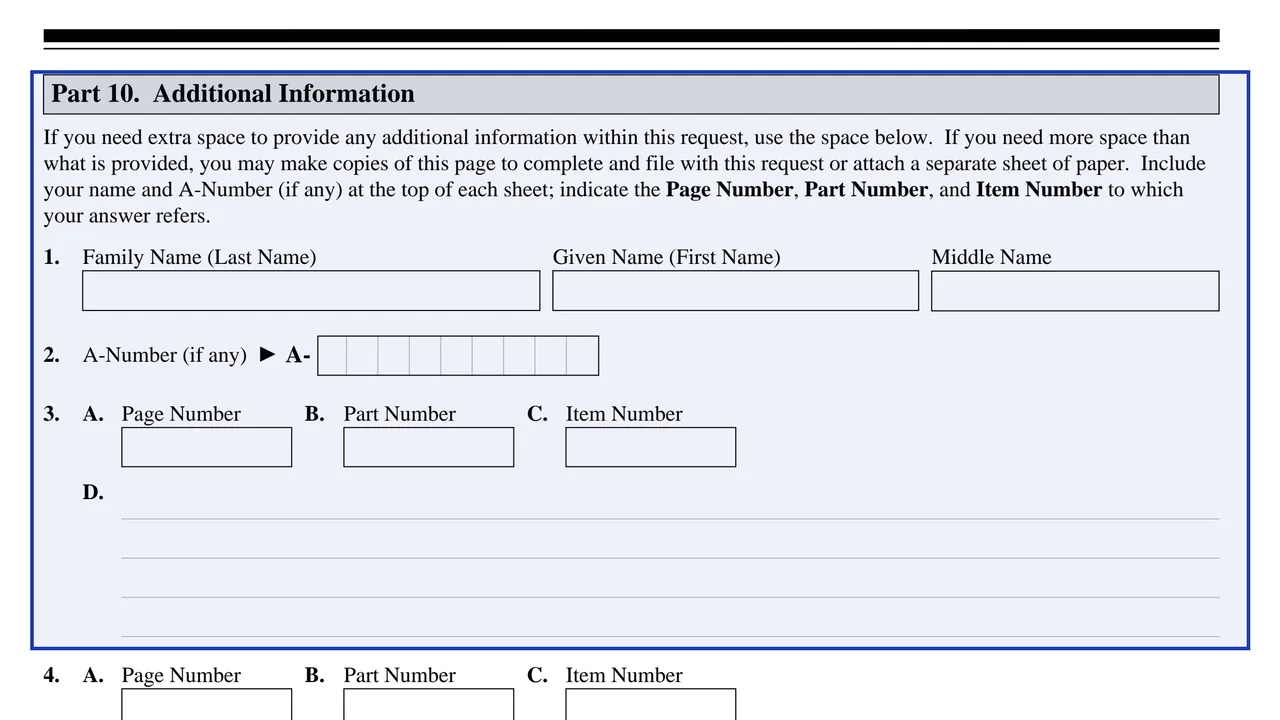 Part 10 of Form I-912, additional information, with extra lines