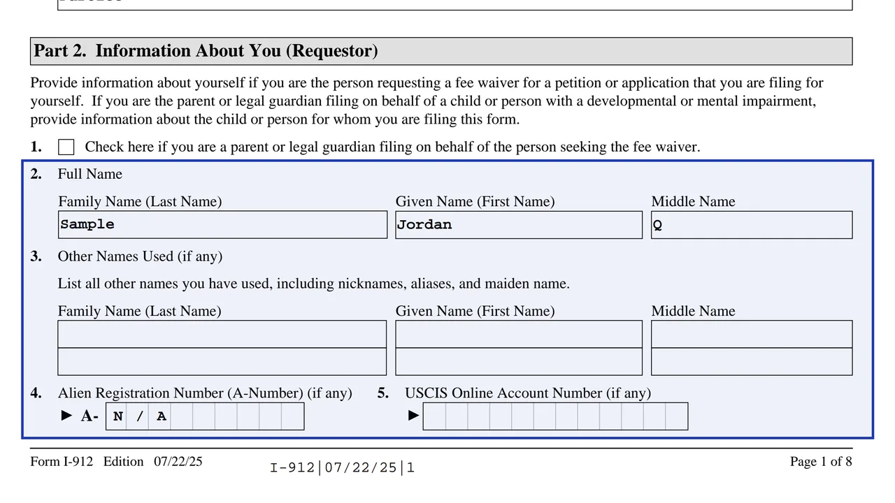 Form I-912 Part 2 with the requestor's full legal name and A-Number or N/A, sample values