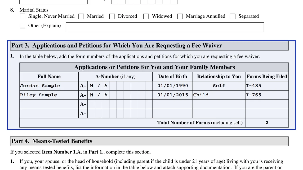 Form I-912 Part 3 table listing an I-485 and an I-765 for one family, sample values