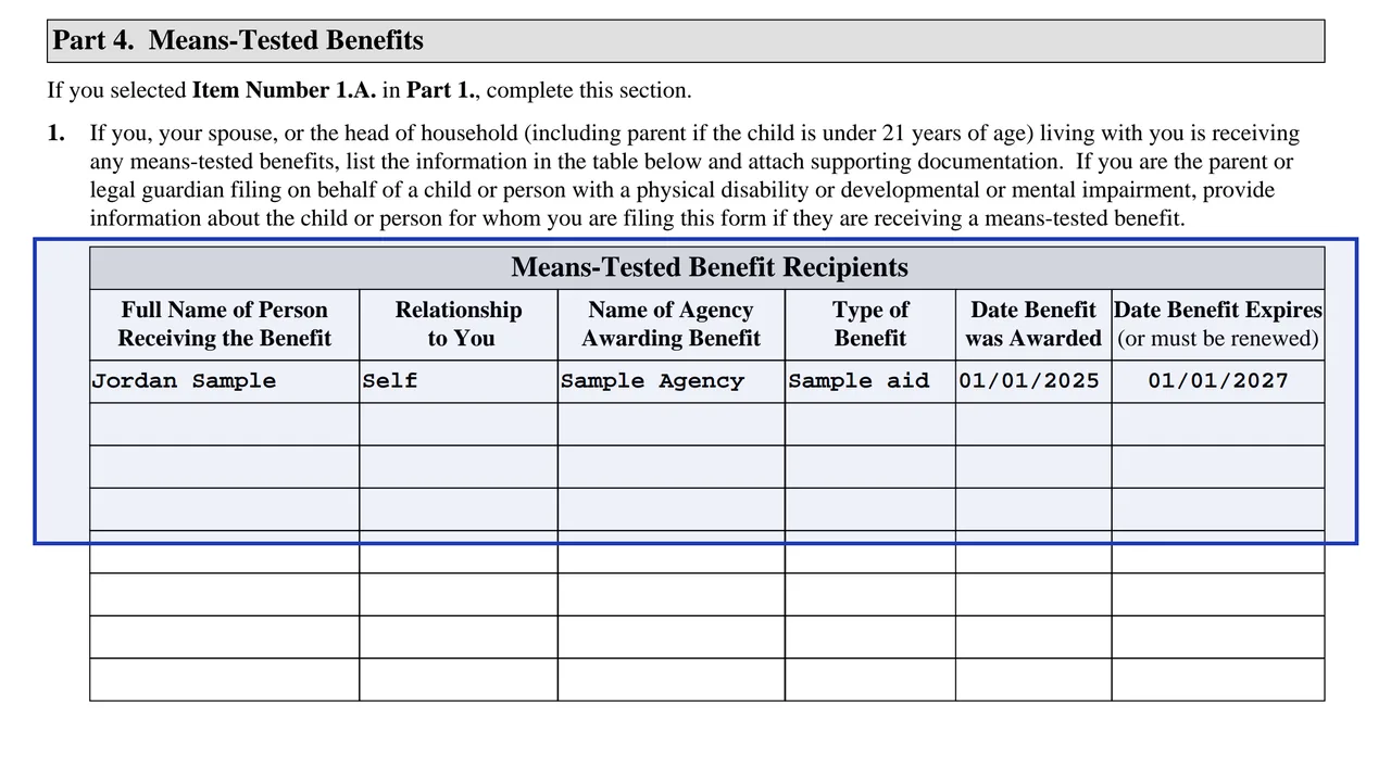 Form I-912 Part 4 with a benefit type, agency and award dates entered in the benefit table, sample values