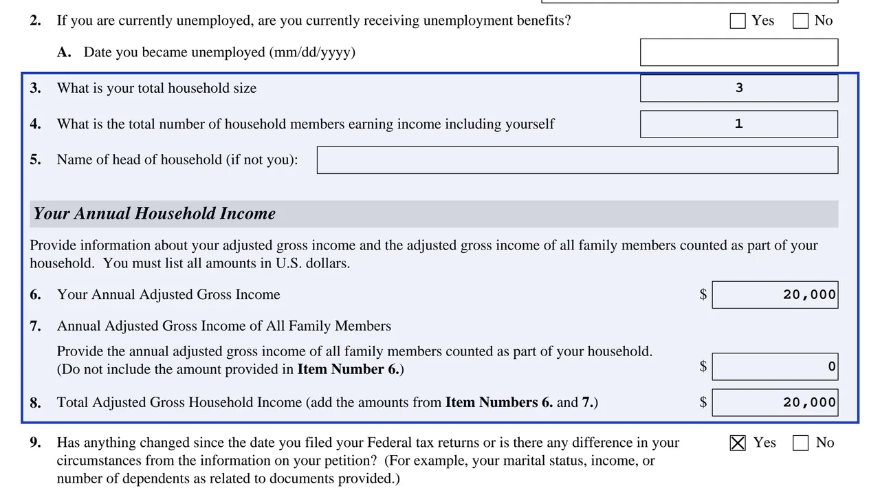 Form I-912 Part 5 with household size, earners and annual income, using sample values