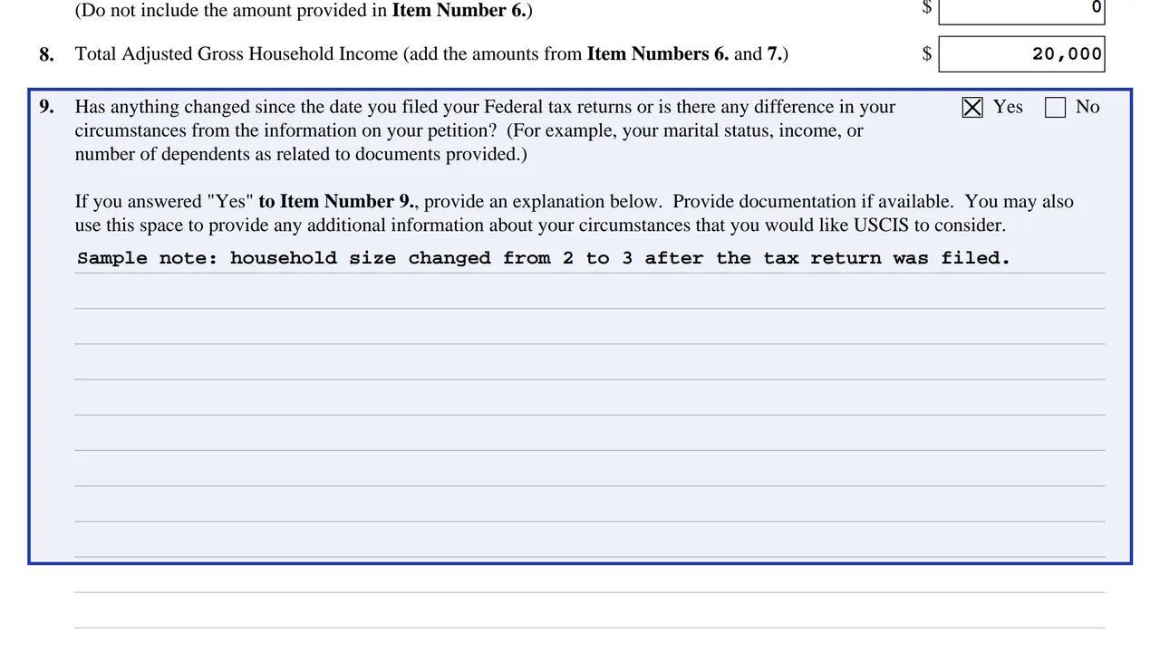 Form I-912 Part 5 Item 9, the explanation of differences from the tax return, with sample text